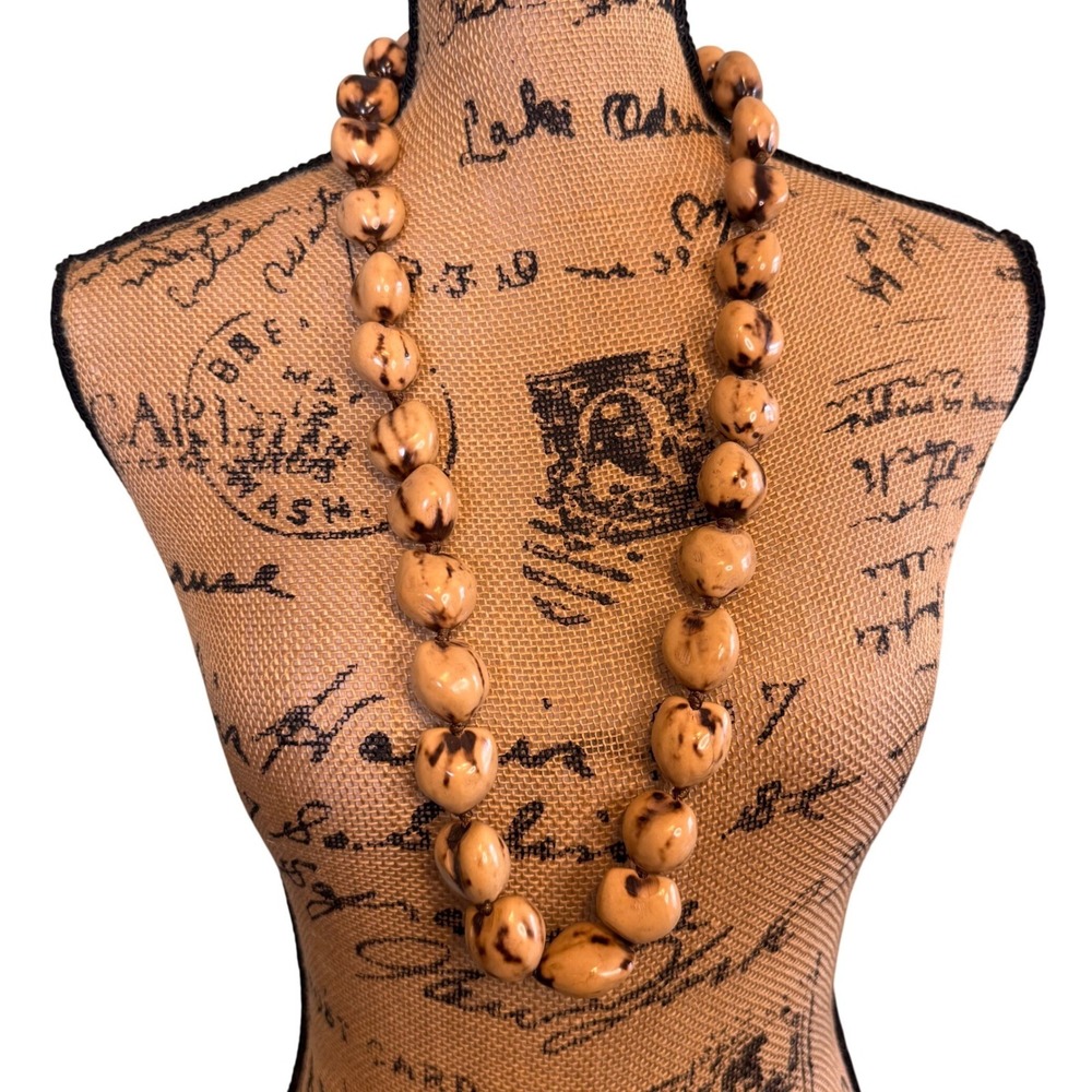 Chunky Tan and Brown Mottled‎ Beaded Statement Necklace with Ribbon Tie Closure